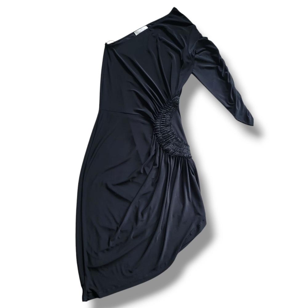 Vtg Linda Segal One Shoulder Sexy High Side Slit Ruched Stretch Dance Mini Dress